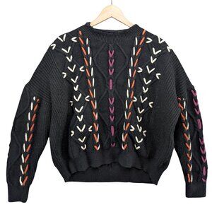 &merci Cable Knit Sweater Womens Black Multicolor Decorative Lace Detailing Sz S